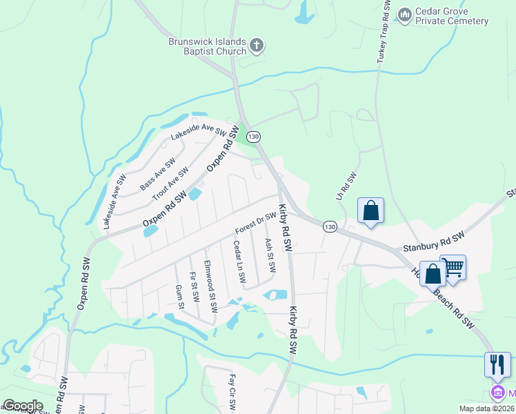 map of restaurants, bars, coffee shops, grocery stores, and more near 2041 Seashore Hills Rd SW in Brunswick