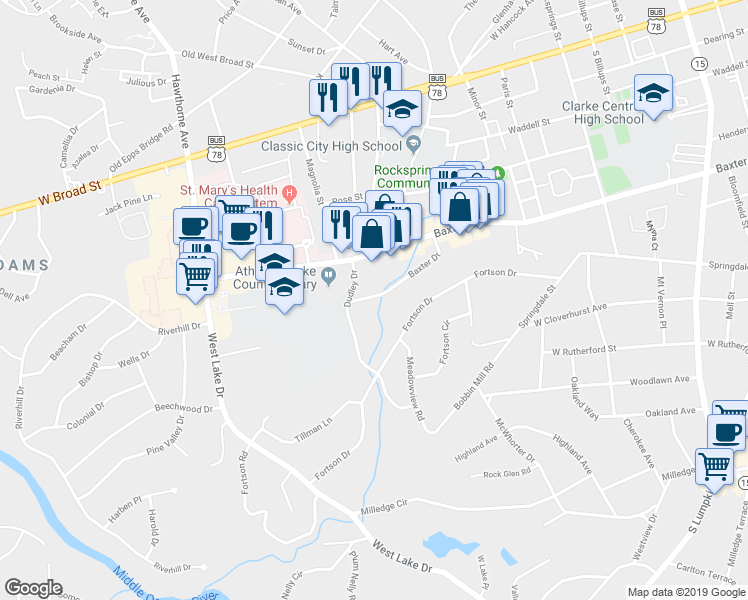 map of restaurants, bars, coffee shops, grocery stores, and more near 185 Baxter Drive in Athens