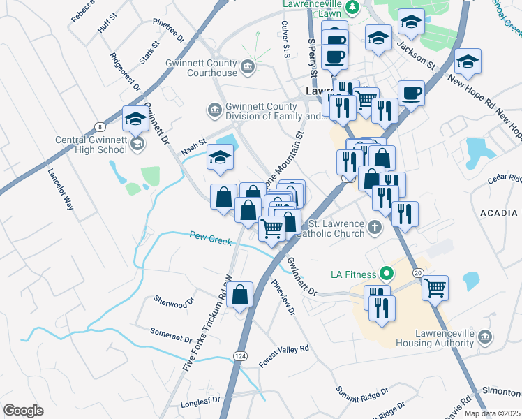 map of restaurants, bars, coffee shops, grocery stores, and more near 259 Stone Mountain Street in Lawrenceville