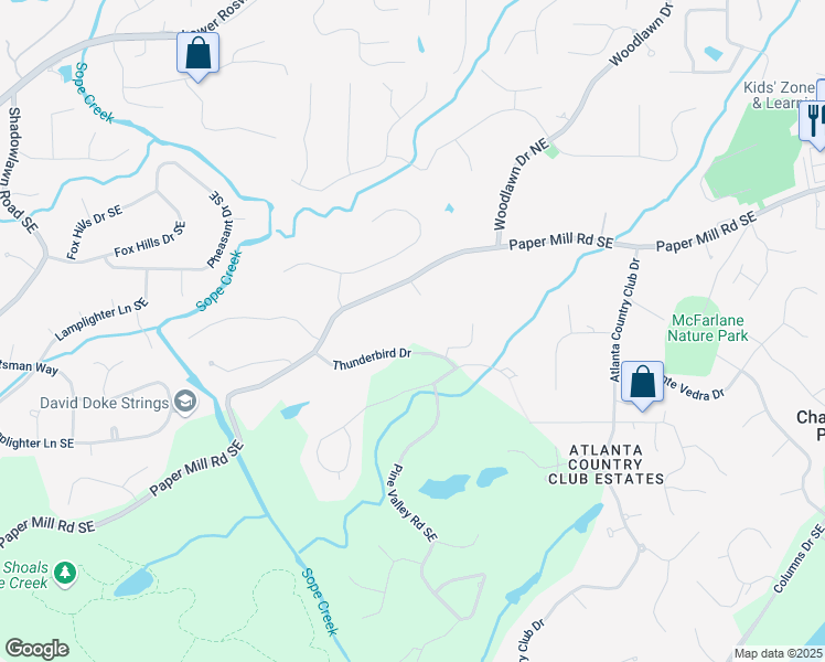 map of restaurants, bars, coffee shops, grocery stores, and more near 4161 Thunderbird Drive in Marietta