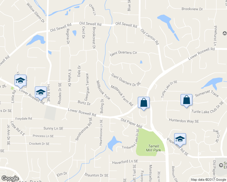 map of restaurants, bars, coffee shops, grocery stores, and more near 237 Millbrook Farm Road in Marietta