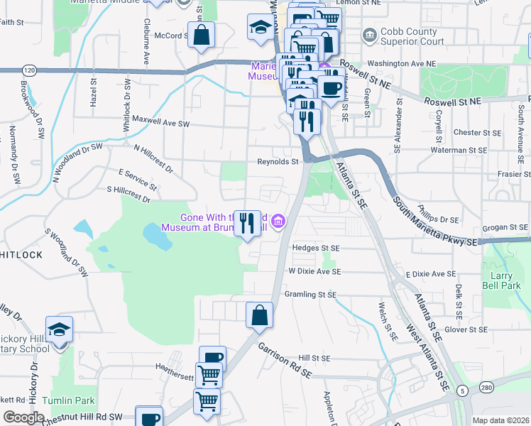map of restaurants, bars, coffee shops, grocery stores, and more near 52 Griggs Street Southwest in Marietta