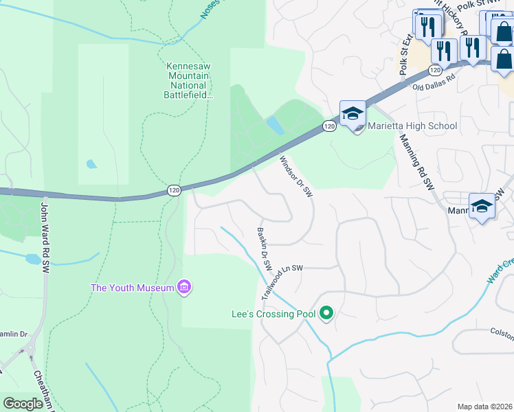 map of restaurants, bars, coffee shops, grocery stores, and more near 1454 Dallas Circle Southwest in Marietta