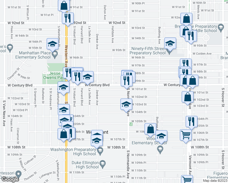 map of restaurants, bars, coffee shops, grocery stores, and more near 1458 West 101st Street in Los Angeles