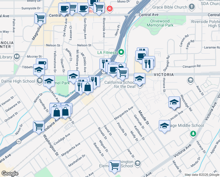 map of restaurants, bars, coffee shops, grocery stores, and more near 6561 Piccadilly Street in Riverside