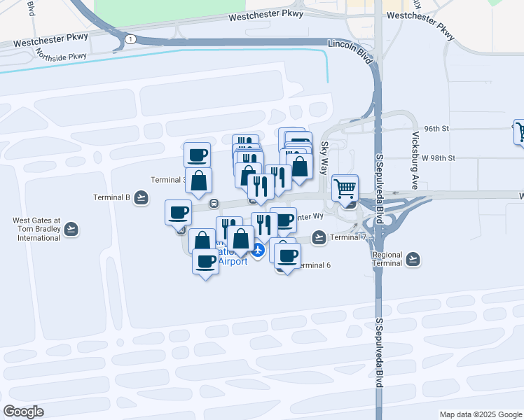 map of restaurants, bars, coffee shops, grocery stores, and more near 117 World Way in Los Angeles