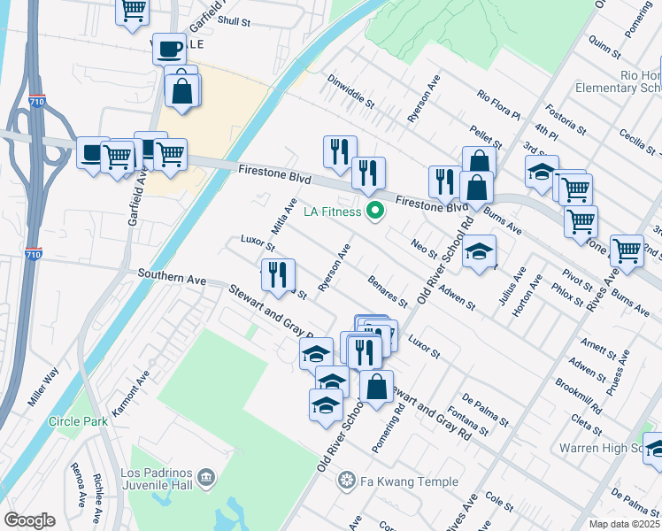 map of restaurants, bars, coffee shops, grocery stores, and more near 11715 Ryerson Avenue in Downey