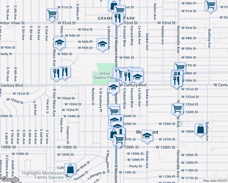map of restaurants, bars, coffee shops, grocery stores, and more near 10021 South Western Avenue in Los Angeles