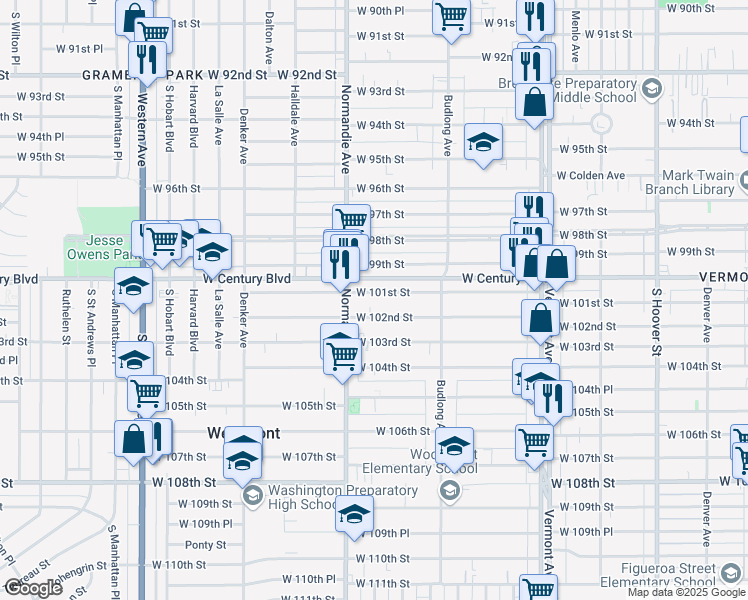 map of restaurants, bars, coffee shops, grocery stores, and more near 1324 West 101st Street in Los Angeles