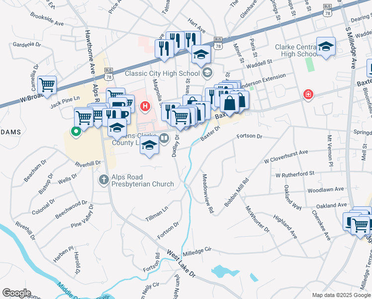 map of restaurants, bars, coffee shops, grocery stores, and more near 185 Baxter Drive in Athens