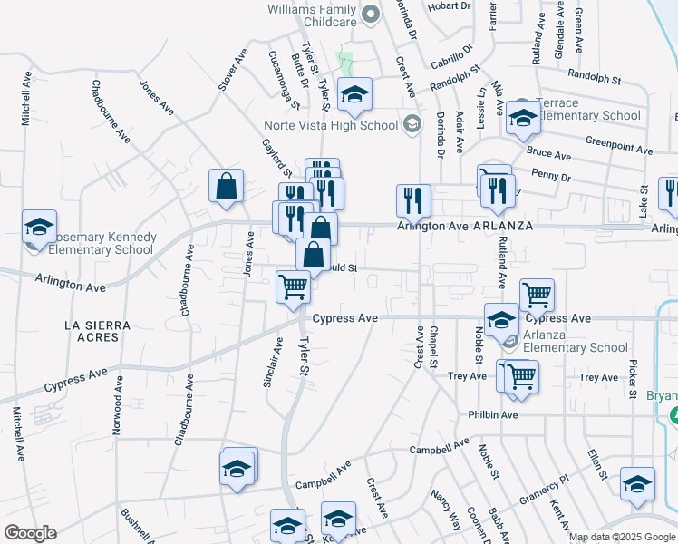 map of restaurants, bars, coffee shops, grocery stores, and more near 10214 Gould Street in Riverside