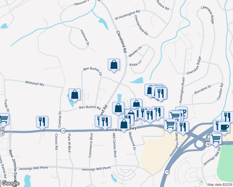 map of restaurants, bars, coffee shops, grocery stores, and more near 245 Cleveland Road in Bogart