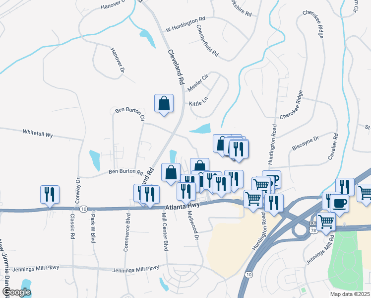 map of restaurants, bars, coffee shops, grocery stores, and more near 170 Marilyn Farmer Way in Athens