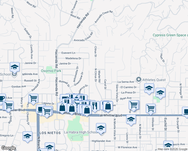 map of restaurants, bars, coffee shops, grocery stores, and more near 1091 North Citrus Drive in La Habra