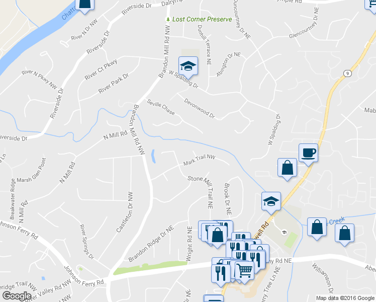 map of restaurants, bars, coffee shops, grocery stores, and more near 610 Mark Trail Ct NW in Atlanta