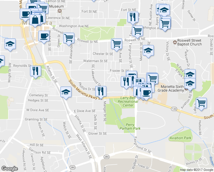 map of restaurants, bars, coffee shops, grocery stores, and more near 319 Manget Street Southeast in Marietta