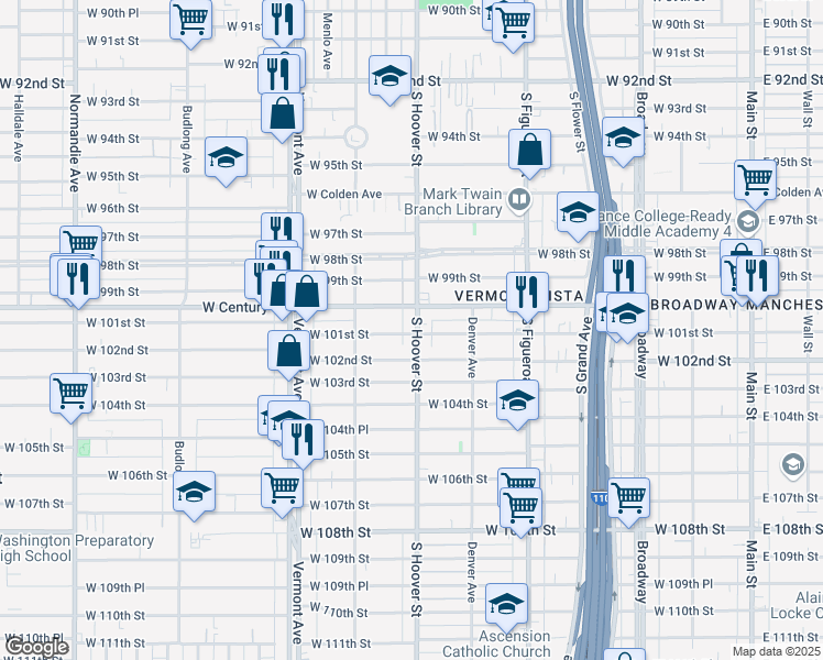 map of restaurants, bars, coffee shops, grocery stores, and more near 10029 South Hoover Street in Los Angeles
