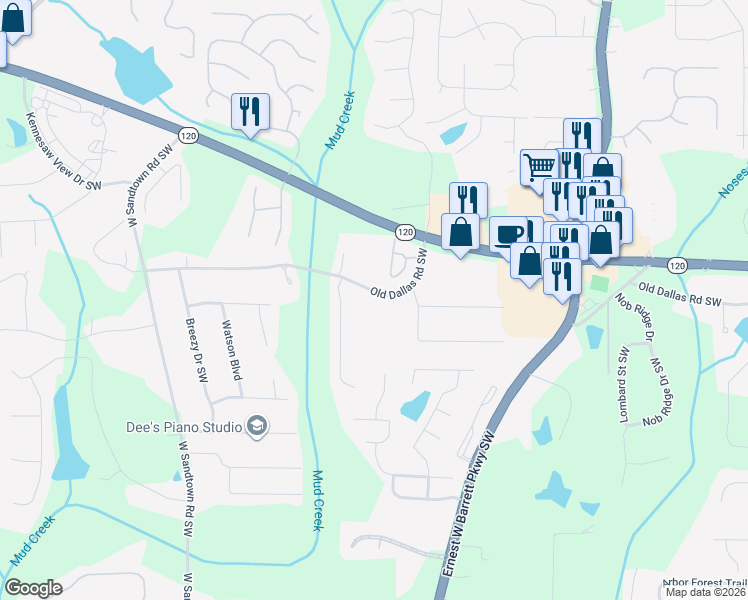 map of restaurants, bars, coffee shops, grocery stores, and more near 2765 Old Dallas Road Southwest in Marietta