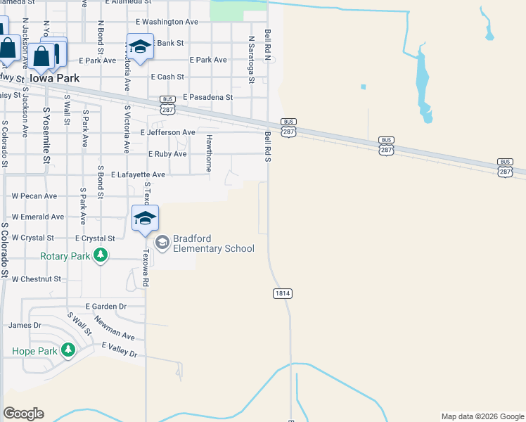 map of restaurants, bars, coffee shops, grocery stores, and more near 664 Bell Road South in Iowa Park