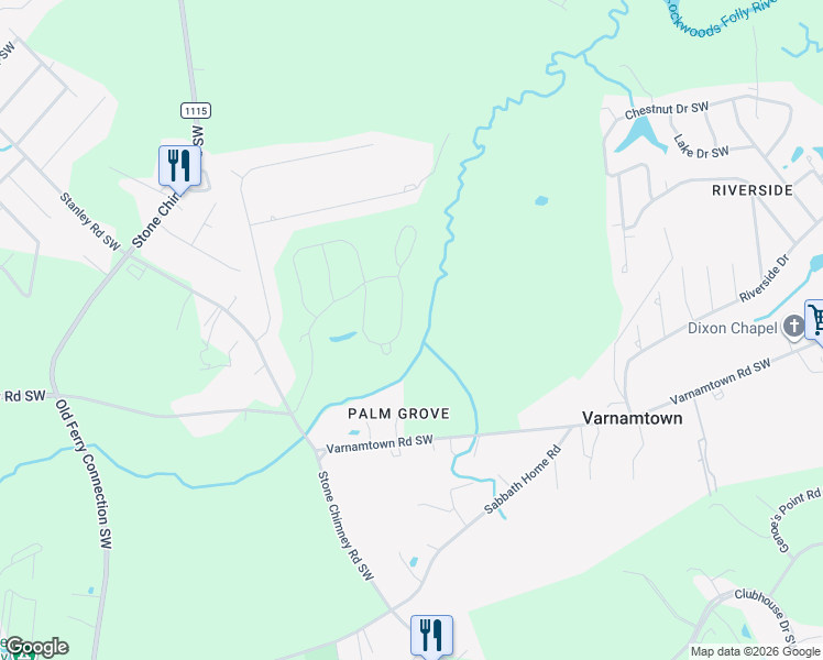 map of restaurants, bars, coffee shops, grocery stores, and more near 1035 Stanbury Bluff Road Southwest in Brunswick County