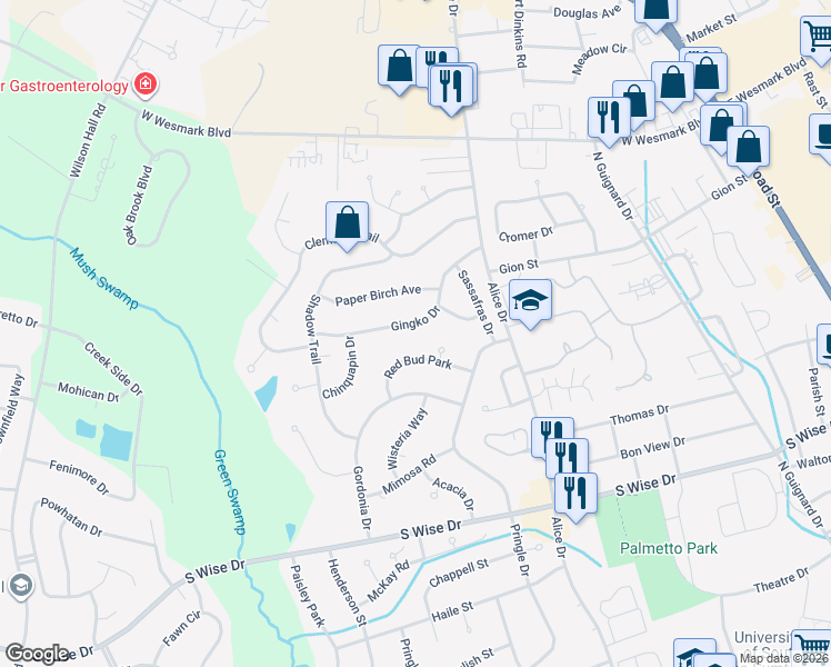 map of restaurants, bars, coffee shops, grocery stores, and more near 245 Gentry Drive in Sumter