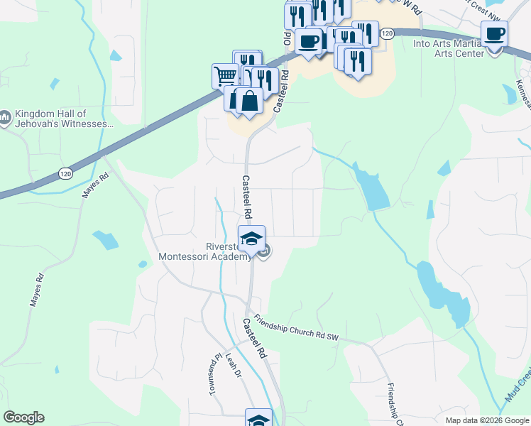 map of restaurants, bars, coffee shops, grocery stores, and more near 358 Nottingham Way Southwest in Marietta