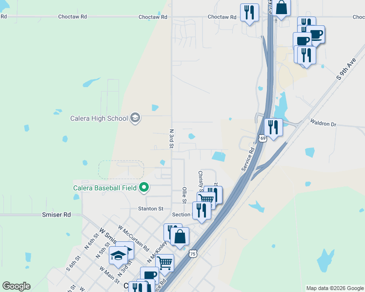 map of restaurants, bars, coffee shops, grocery stores, and more near 201 Cottonwood Street in Calera