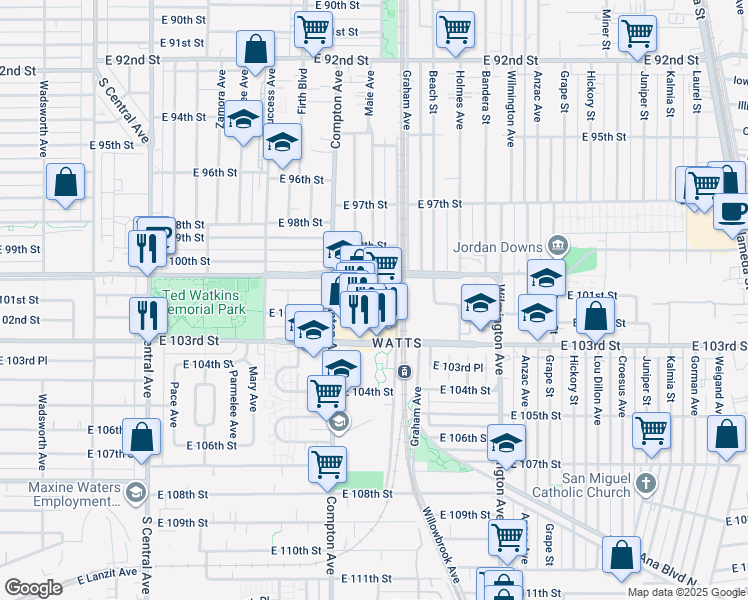 map of restaurants, bars, coffee shops, grocery stores, and more near 1643 East 103rd Street in Los Angeles