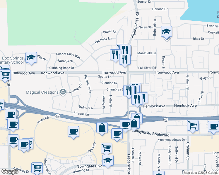 map of restaurants, bars, coffee shops, grocery stores, and more near 22844 Chambray Drive in Moreno Valley