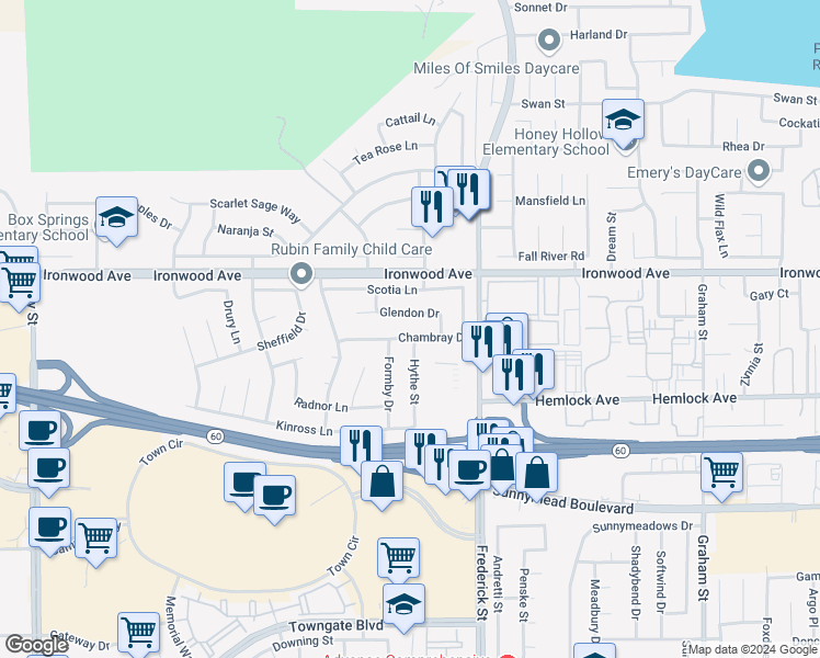 map of restaurants, bars, coffee shops, grocery stores, and more near 22844 Chambray Drive in Moreno Valley