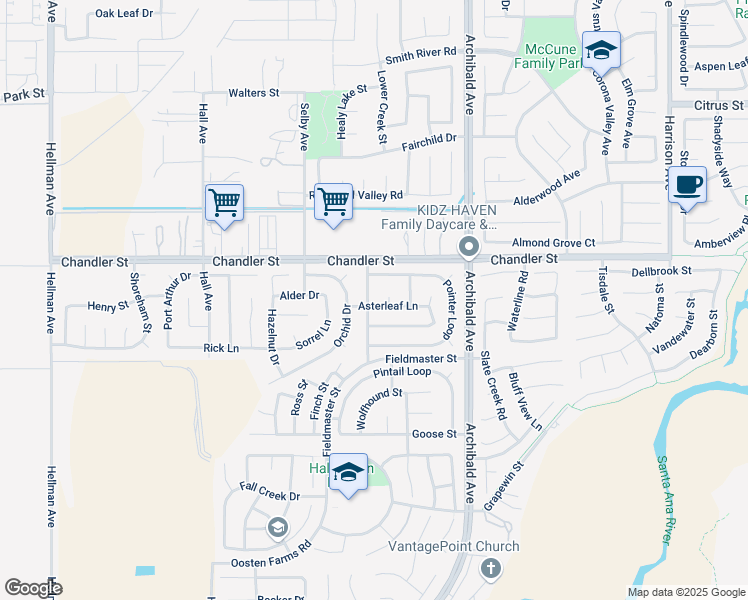 map of restaurants, bars, coffee shops, grocery stores, and more near 7882 Retriever Street in Corona