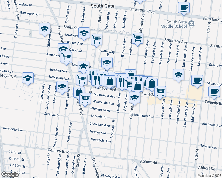 map of restaurants, bars, coffee shops, grocery stores, and more near Tweedy Blvd & Victoria Ave in South Gate