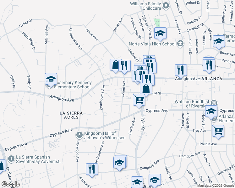 map of restaurants, bars, coffee shops, grocery stores, and more near 6250 Jones Avenue in Riverside