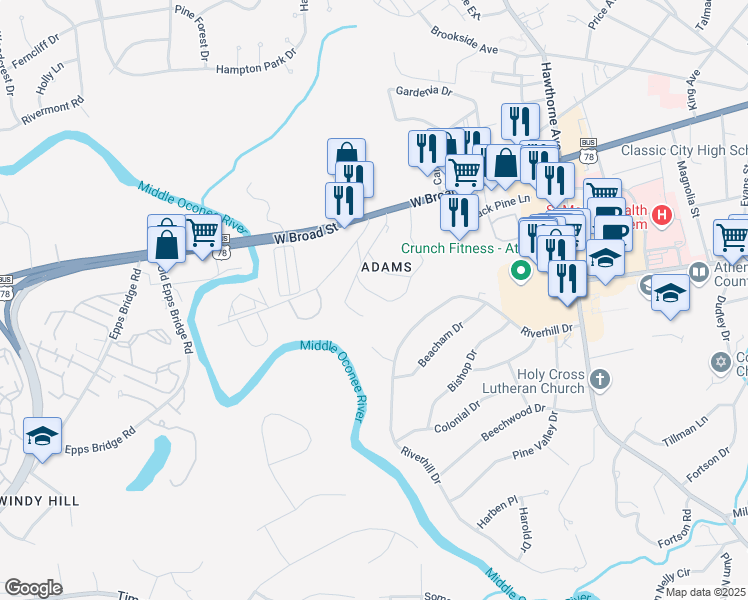 map of restaurants, bars, coffee shops, grocery stores, and more near 140 Dell Avenue in Athens