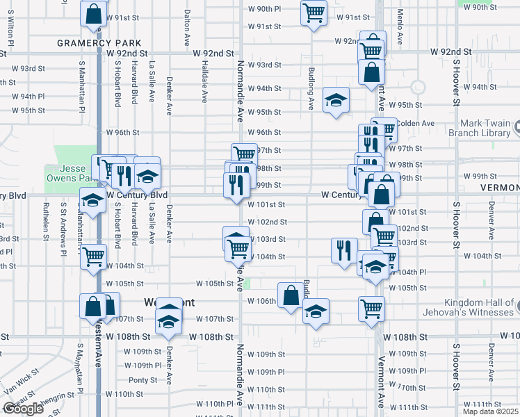 map of restaurants, bars, coffee shops, grocery stores, and more near 1324 West 101st Street in Los Angeles
