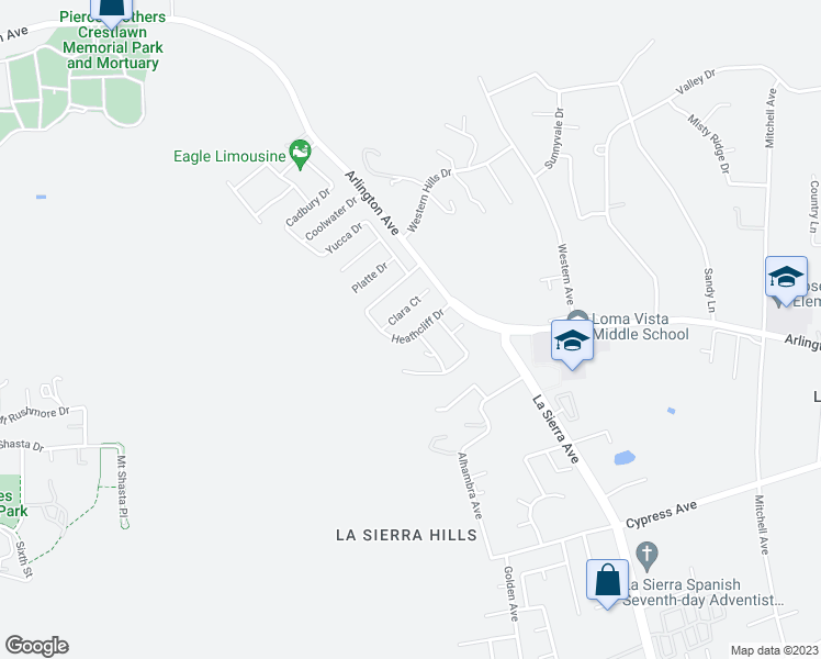 map of restaurants, bars, coffee shops, grocery stores, and more near 11267 Heathcliff Drive in Riverside