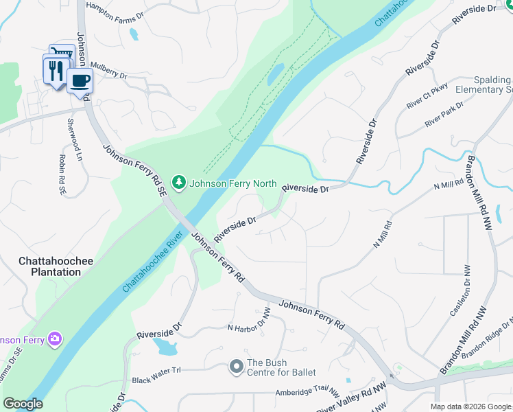 map of restaurants, bars, coffee shops, grocery stores, and more near 1400 North Riverside Circle in Atlanta