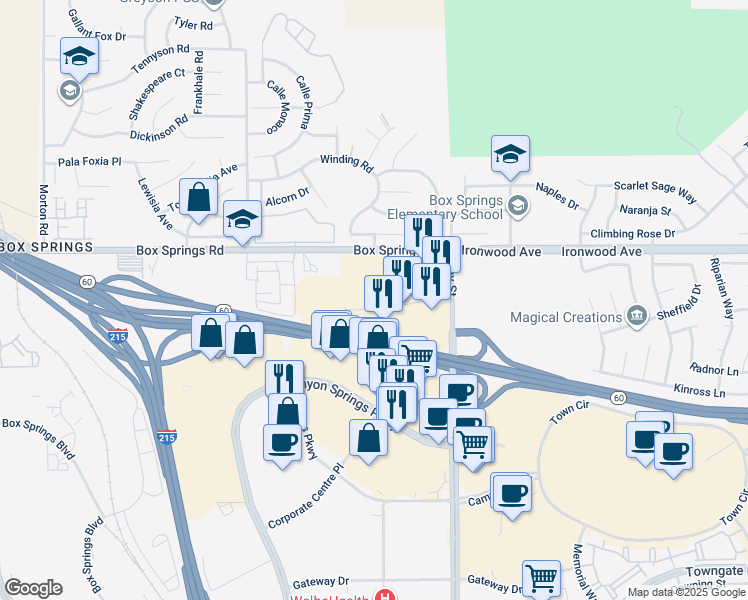 map of restaurants, bars, coffee shops, grocery stores, and more near 12125 Day Street in Moreno Valley