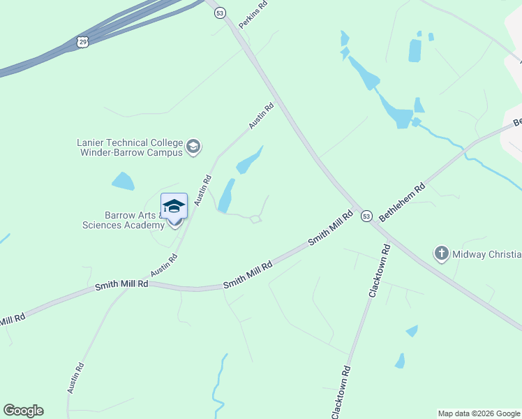 map of restaurants, bars, coffee shops, grocery stores, and more near 986 Austin Road in Winder