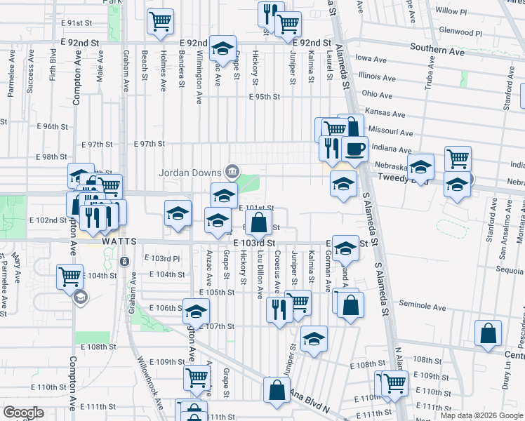 map of restaurants, bars, coffee shops, grocery stores, and more near 2101 East 101st Street in Los Angeles