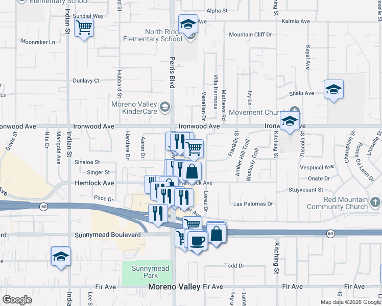 map of restaurants, bars, coffee shops, grocery stores, and more near 25097 Abbey Lane in Moreno Valley