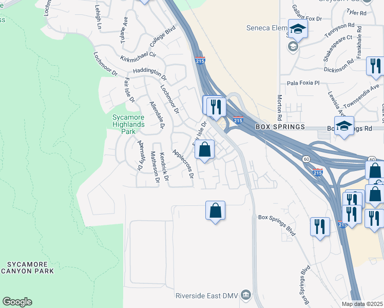 map of restaurants, bars, coffee shops, grocery stores, and more near 5935 Thornhill Drive in Riverside