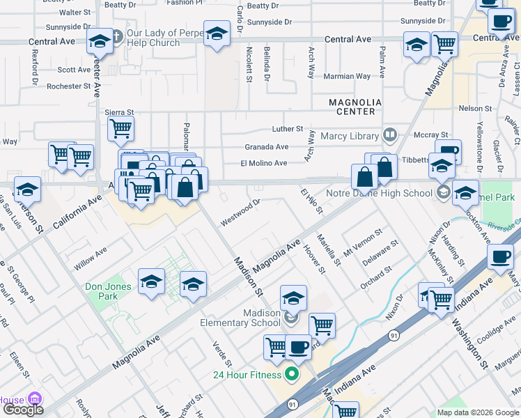 map of restaurants, bars, coffee shops, grocery stores, and more near 7328 Westwood Drive in Riverside