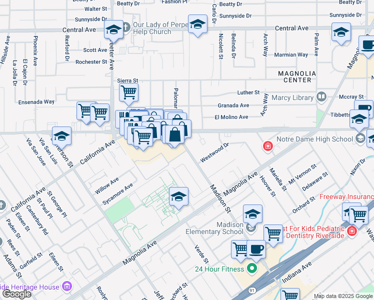 map of restaurants, bars, coffee shops, grocery stores, and more near 4012 Madison Street in Riverside