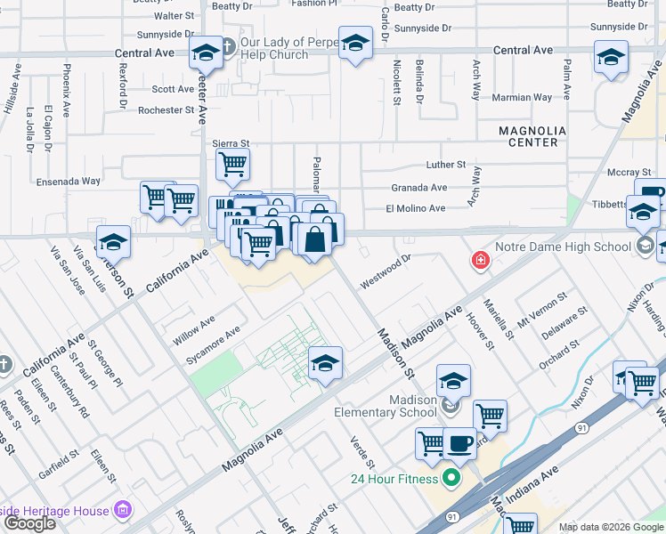 map of restaurants, bars, coffee shops, grocery stores, and more near 4012 Madison Street in Riverside