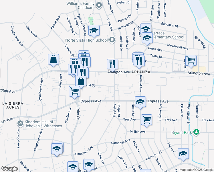 map of restaurants, bars, coffee shops, grocery stores, and more near 10073 Gould Street in Riverside
