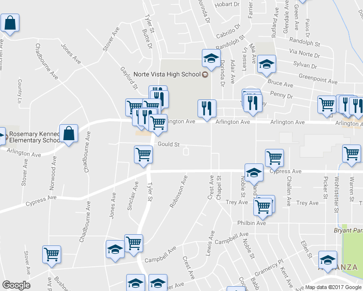map of restaurants, bars, coffee shops, grocery stores, and more near 10157 Gould Street in Riverside