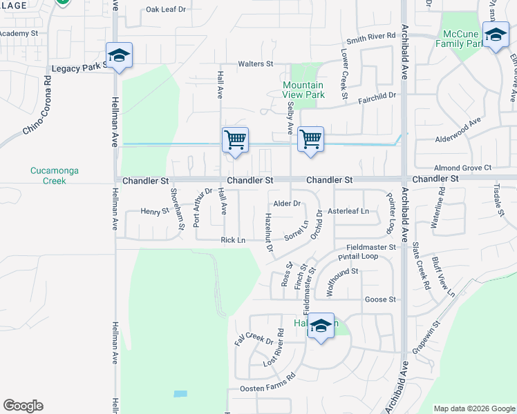 map of restaurants, bars, coffee shops, grocery stores, and more near 7861 Hazelnut Drive in Eastvale