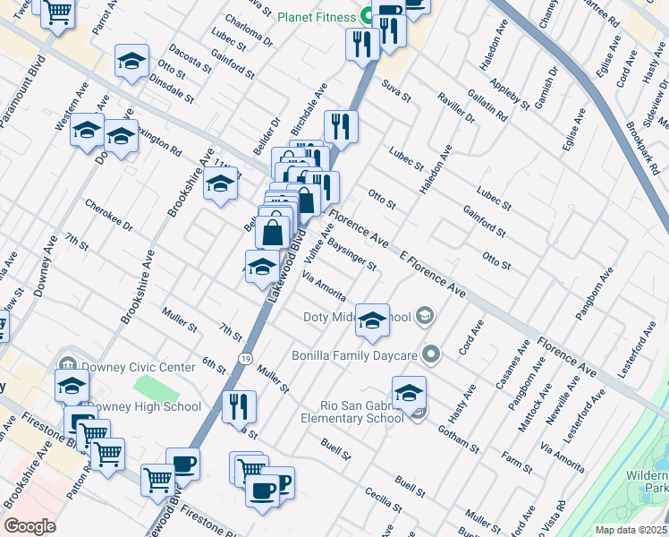 map of restaurants, bars, coffee shops, grocery stores, and more near 9061 Irwingrove Drive in Downey
