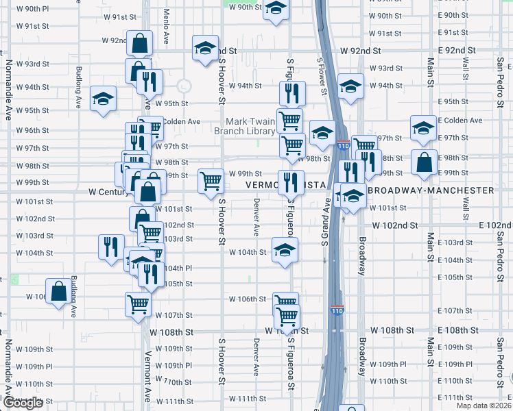 map of restaurants, bars, coffee shops, grocery stores, and more near 619 West 101st Street in Los Angeles